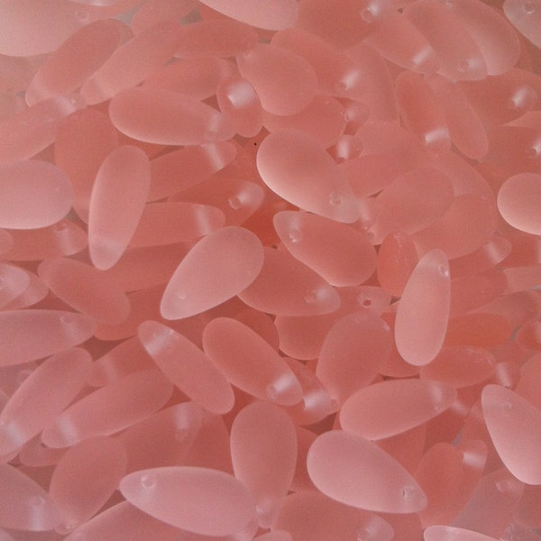 PEACHY PINK sea glass style tear drop beads 14X7mm