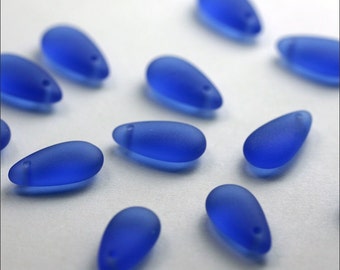 BLUE sea glass style tear drop beads 14X7mm