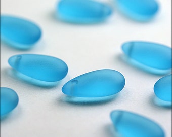 AQUA sea glass style tear drop beads 14X7mm