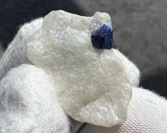 Small specimen Lazurite Crystal on white calcite. Ultra Rare Crystal Specimen from Ladjuar Medam, Sar-e-Sang, Badakhshan, Afghanistan