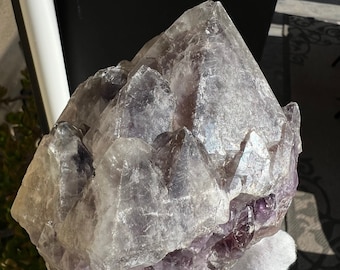 Bahia Auralite Large Elestial Amethyst Crystal with smaller growths. Rare Clear Termination. Phantom Red hematite, Smokey Quartz, Triangles