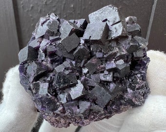 Raw Dark Purple Fluorite with fantastic cubes all over. Natural Crystal Cluster from Mexico. Fully Formed Floater Cluster.