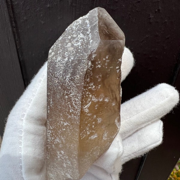 Natural Smokey Quartz Point from Hallelujah Junction. This gemmy quartz has a secondary clear growth called a scepter