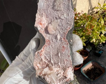 Raw Apophyllite, Calcite, Heulandite Crystal with Pink Inclusions.