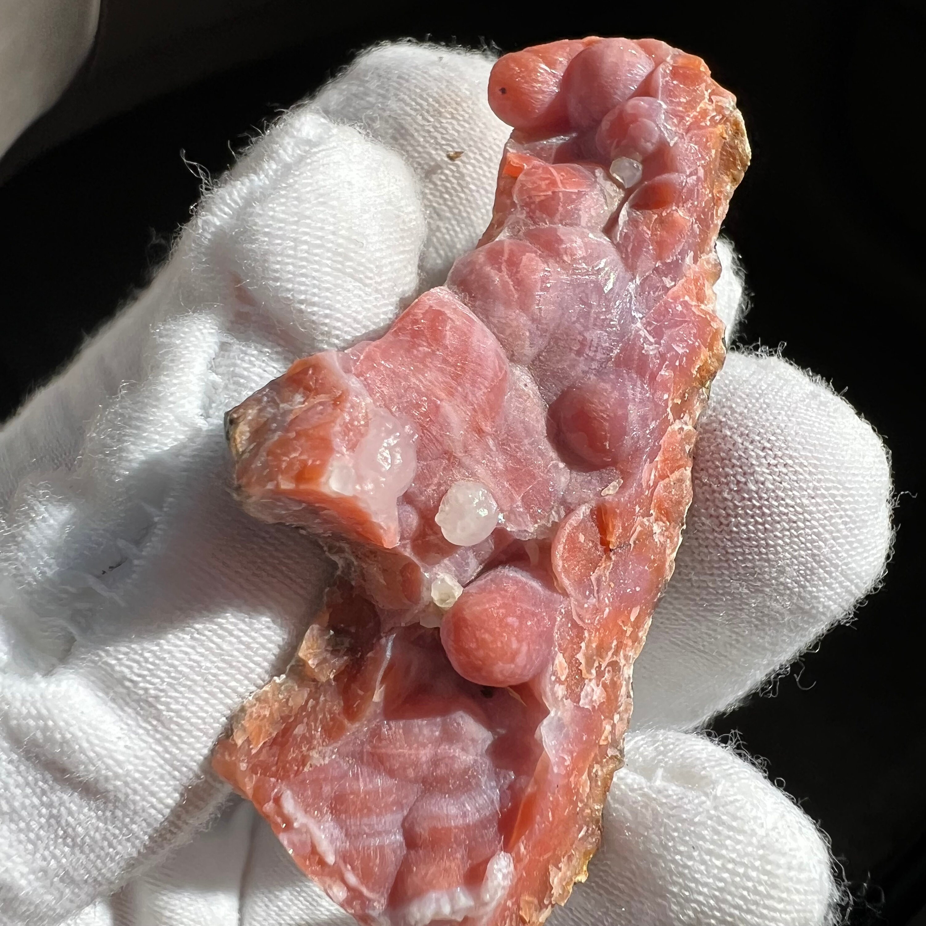 Collector Specimen Mixed Strawberry Chalcedony. Strawberry Agate. Orange pink botryodial Stalactite geode piece from Morocco.