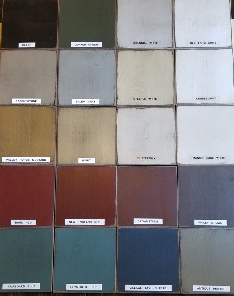 May include: A color chart with 18 different paint colors, each with a name. The colors include black, Quaker green, colonial white, old farm white, cobblestone, Salem gray, steeple white, candlelight, valley forge mustard, ivory, buttermilk, manorhouse white, barn red, new England red, brownstone, Philly brown, cupboard blue, Plymouth blue, village tavern blue, and antique pewter.