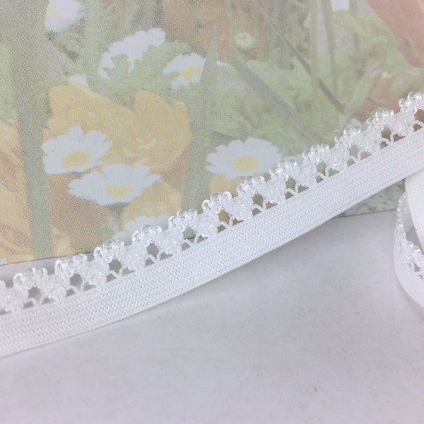3yds White Picot Elastic Lace Trim 1/2 inch Skinny Stretch with Scallop Headband Sewing lingerie Single side Edging Bra making Supplies