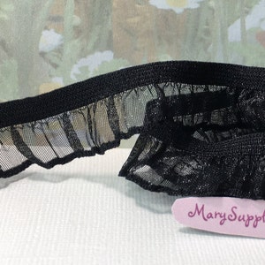 3yd Black Ruffle Elastic Stretch Trim Chiffon Organza Single Sided edging 3/4" diy Lingerie Sewing seam insertion Bra making Bow Headband