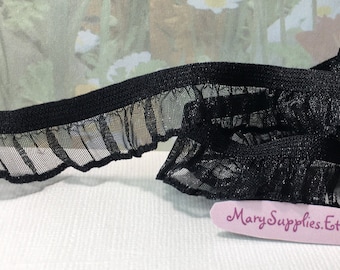 3yd Black Ruffle Elastic Stretch Trim Chiffon Organza Single Sided edging 3/4" diy Lingerie Sewing seam insertion Bra making Bow Headband