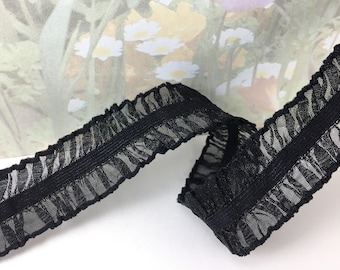 3yd Black stretch double ruffle organza elastic trim 1" inch wide sewing edging diy garter lingerie bra making headband doll supplies