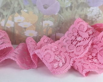 3yds Pink Stretch Lace Trim 1 1/4 inch wide Floral pattern for Diy Headbands Sewing lingerie Bra making Bow supplies doll cloths Edging