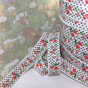 3yd Elastic Ribbon Print design Fold Over 5/8&quot; Cherry Polka Dot pattern FOE diy HeadBand hair tie lingerie waistband swimsuit diaper edging