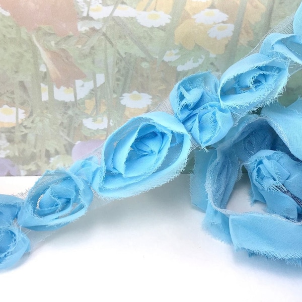 1/2yd Fabric Flowers Chiffon Shabby Chic Light Blue Trim 1 1/2" wide for diy Sewing Headbands Doll making lingerie bra making embellishment