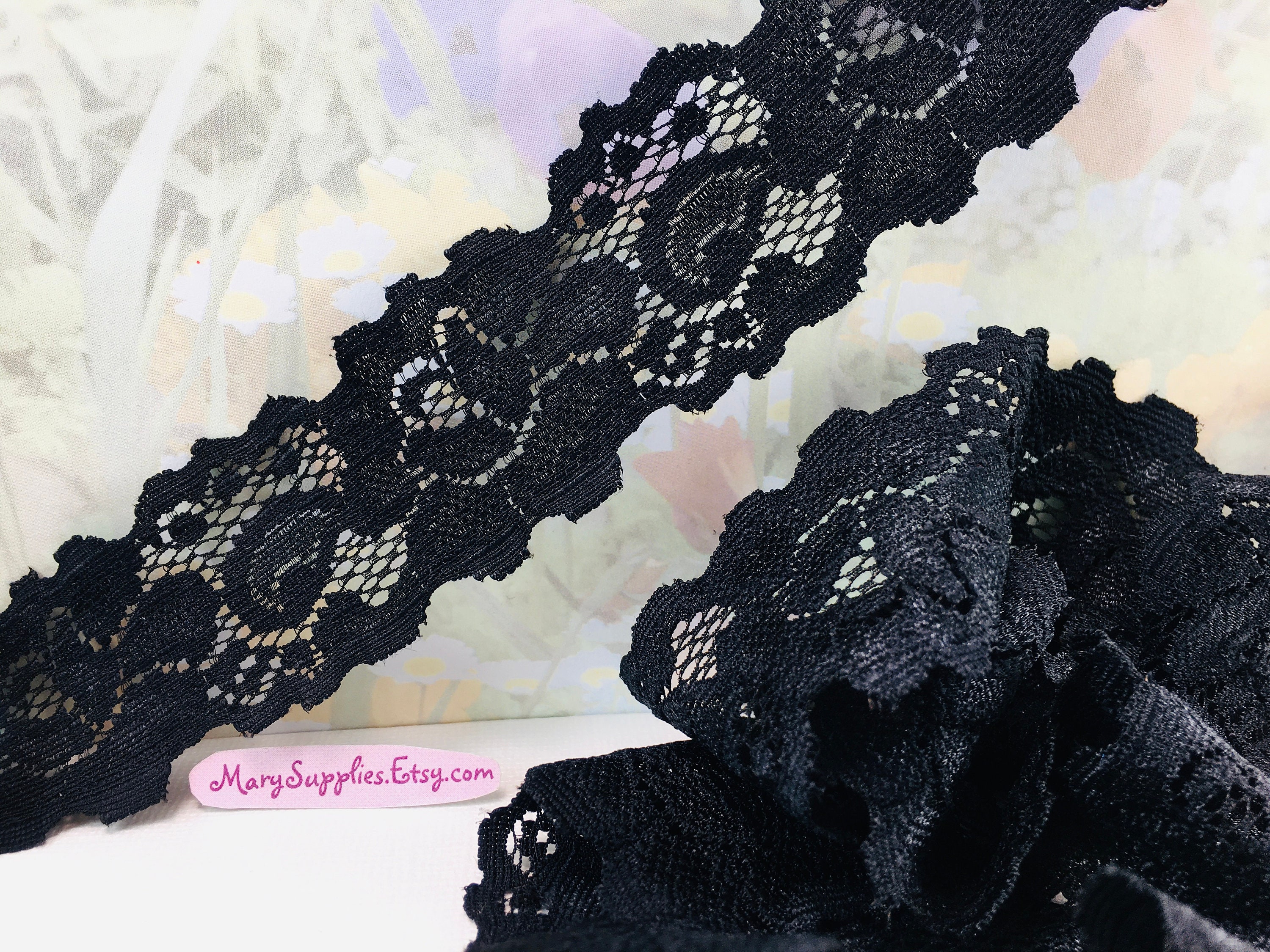 Black Scalloped Beaded Edge Hand Lace 52” Wide