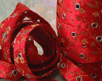 1yd Eyelet Metal Grommet Trim Tape on Double Sided Red Satin Floral Fabric Sturdy 3/4 inch wide bustiers corset Trim