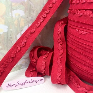 3yds Red Stretch ribbon Fold Over Trim Ruffle down middle 1/2&quot; wide FOE for diy HeadBands Ponytail Hair Ties lingerie Waistband bra strap