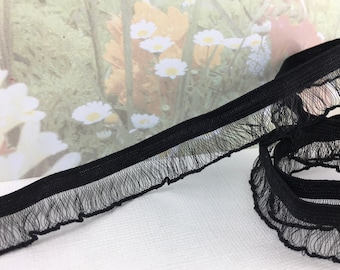 3yds Elastic Black EyeLash Ruffle Ribbon Trim single side 3/4" inch Wide Stretch Trimming diy Goth Garter Elastic  Bra making Lingerie