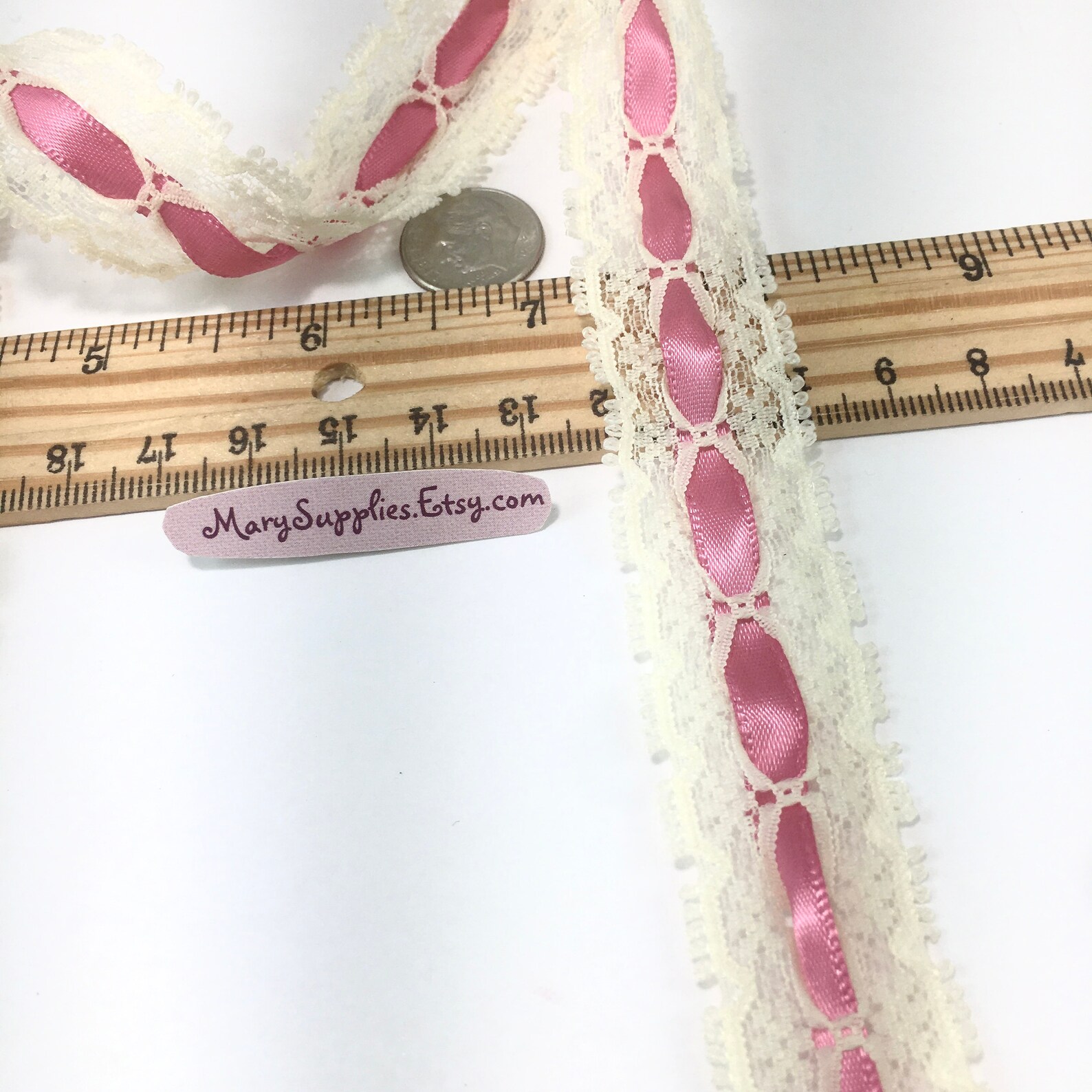 3yd Ivory Eyelet Lace Pink Ribbon 1 Inch Wide Insertion Lace Etsy