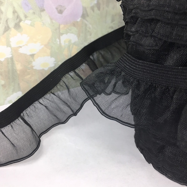 2yd Black Elastic Ruffle single side 1 1/4" inch sheer Organza Trim for diy lingerie sewing bra making doll Sewing edging Stretch Trimming