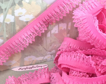 3yd Stretch Ruffle Ribbon Bright Pink single side 5/8" Lingerie Elastic Trim for diy wedding Garter Bra making supplies Sewing bow trimming