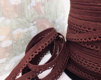 7yd Elastic Skinny band Stretch Brown Picot Trim 3/8" Rick Rack Scallop for diy Headband Sewing lingerie bra making waistband panty leg hole