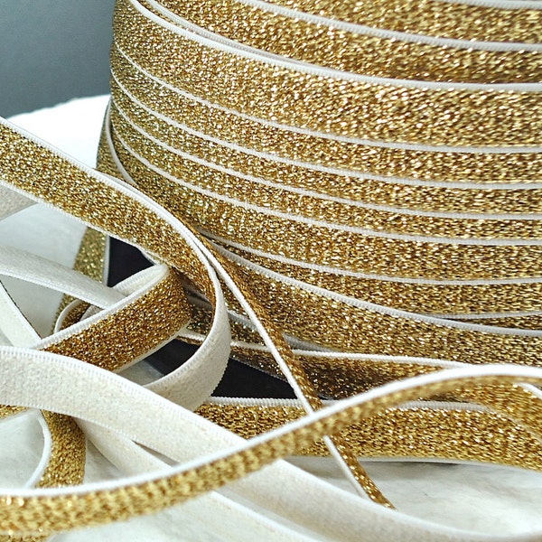 3yds Gold Elastic woven plush White back 3/8" Metallic band for diy bra making Straps lingerie headband choker sewing doll cloths Trim