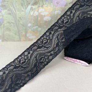 3yd Black Stretchy Lace Trim 1 3/4&quot; Floral Flower pattern for diy Sewing lingerie Bra making waistband Headband bows Elastic Lace Hair band