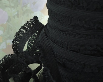 3yd Black Elastic Lace mesh ruffle Trim 1/2" inch Stretch Sewing Trim for diy Lingerie Bra Making supplies Edging Headband Bows Doll Clothes