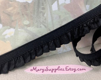 3yd Black Elastic Ruffle 1/2" Stretch single sided Ribbon Trim Fabric edging for diy Lingerie Sewing Bra making Panty waistband underwear