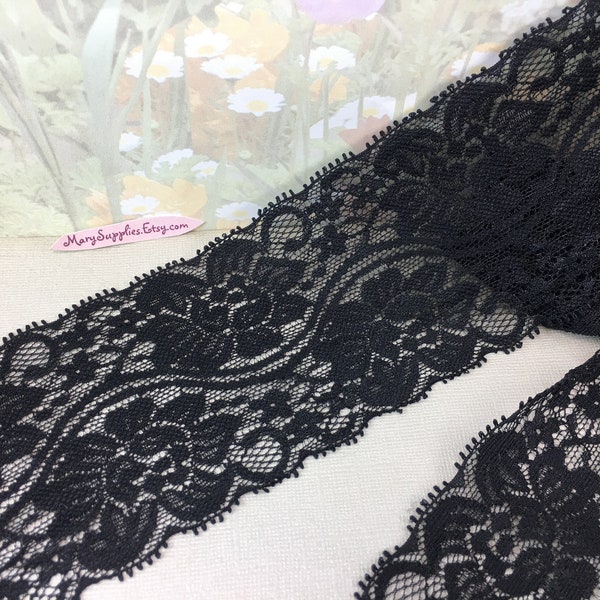 3yd Black Stretch Lace Trim Fabric 3" wide Floral Pattern Flower Elastic Lace for diy lingerie bra making Sewing Bow headband supplies