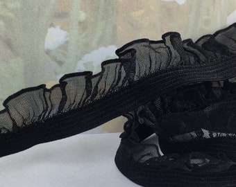 3yd Black Ruffle 5/8" Elastic Stretch Trim Chiffon / Organza Single Sided edging diy Lingerie Sewing Bra making garter doll cloths