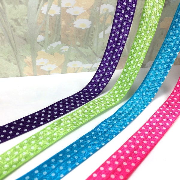 3yd Elastic Band Fold Over Ribbon 5/8" wide Polka Dot Print Pattern printed white polka dots Trim for diy sewing doll trimming headband ties