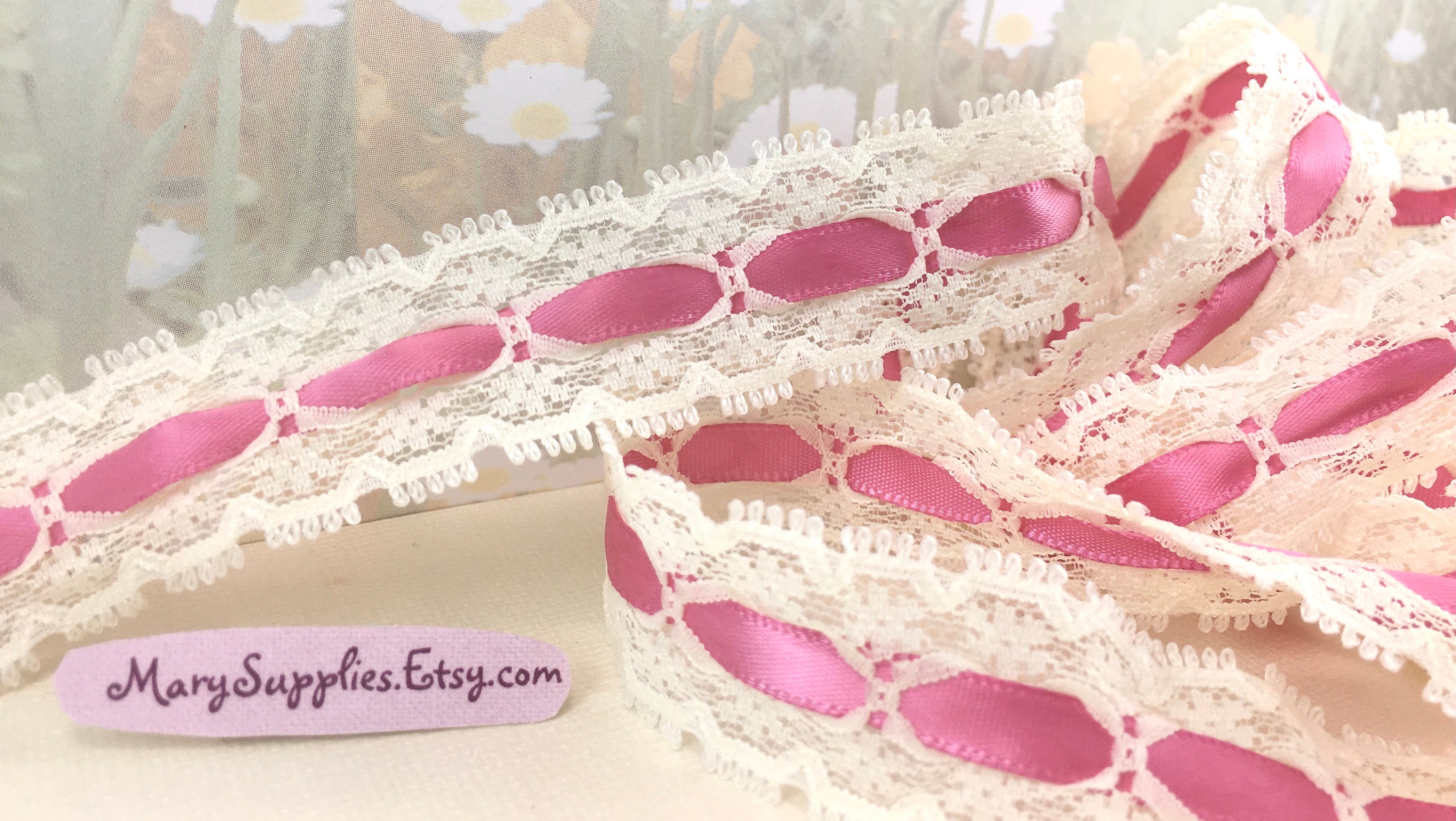3yd Ivory Eyelet Lace Pink Ribbon 1 inch wide insertion lace Etsy