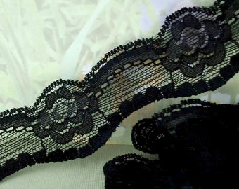 3yd Black Stretch Lace Trim 1" wide Scallop Edge for diy sewing lingerie bra making Headband bow Supplies slip edging underwear doll cloths