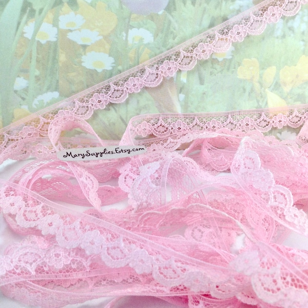 5yd Pink Lace Trim 1/2 inch wide Scalloped Picot Edging Dainty trimming for Diy Sewing lingerie Wedding Bridal Garters Craft doll plushy toy