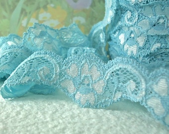 3yd Stretch Lace Ribbon Light Blue White Elastic Trim 1" wide Scallop Edge diy bow crafting Sewing lingerie Bra Underwear edging doll cloths