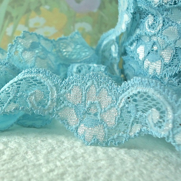 3yds Stretch Lace Ribbon Light Blue Lace Elastic Trim 1 inch wide Baby Headbands, lingerie Edging Scallop edge floral design cute