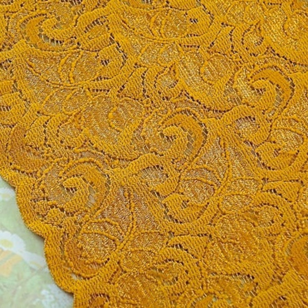 1yd Stretch Lace 5 1/2" Wide Trim Floral Design Amber Gold Brown Elastic fabric Lace band by the yard for diy sewing lingerie bra waistband