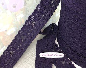 3yd Stretch Lace Dark Violet Purple Elastic Ribbon Trim 1" wide for diy waistband Headbands Sewing lingerie Bra band Edging Wedding Garter