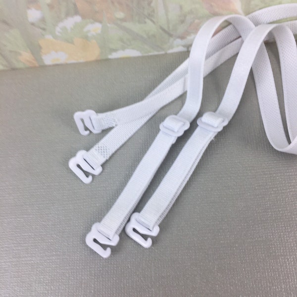 2 White Elastic Bra straps 1/4” wide Stretchy adjustable with hook Satin Shiny Skinny for diy Lingerie Bra Making Camisole replacement strap