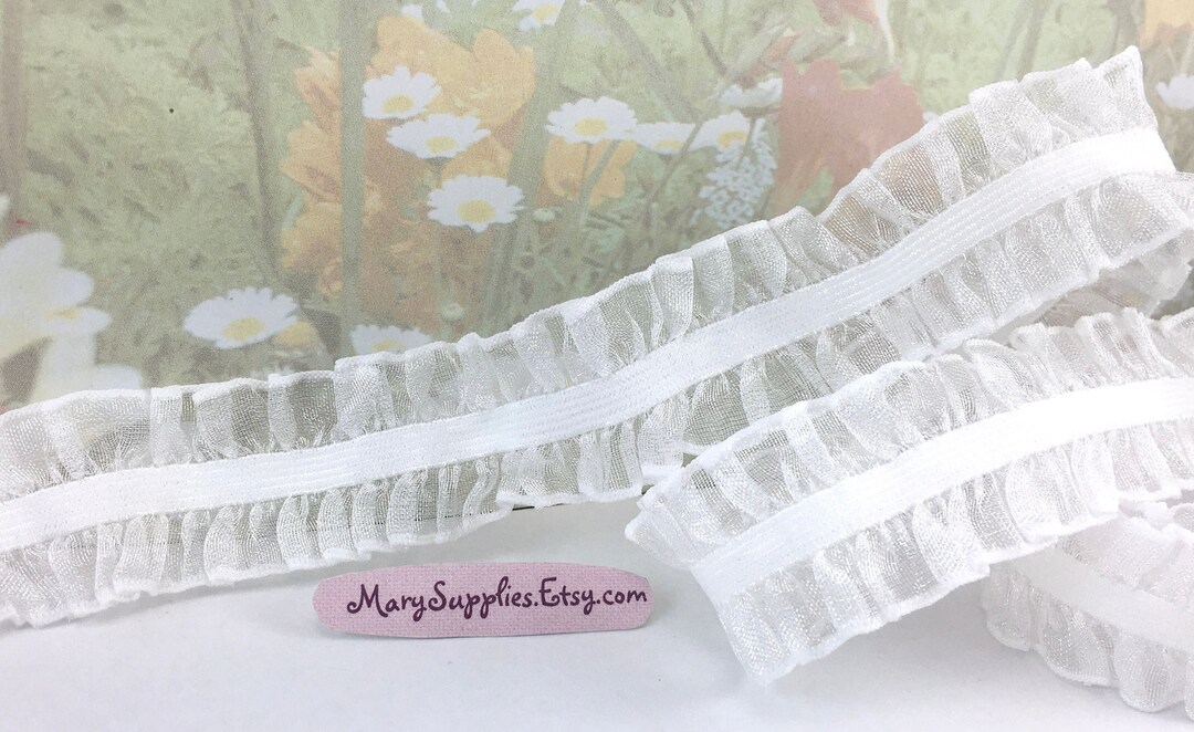 7yds White Stretch Double Ruffle Organza Elastic Trim 1