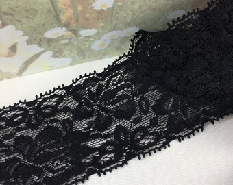 3yds Black Stretch Lace Trim 2" wide Ribbon Floral Design Elastic Lace by the 3 yard band for diy Bra making Lingerie sewing headband bow