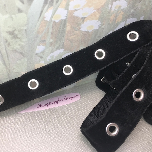 1yd Black Velvet Eyelet Silver tone Metal Nickel Grommet Tape woven backside 3/4" wide Trim for diy fastener lace up bustier corset sewing