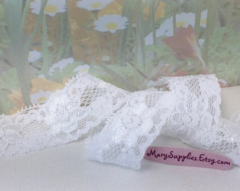 5yds White Stretch Lace Ribbon Lace Elastic Trim 1" for diy Headbands lingerie lace Leg garter wedding undergarment waistband Sewing edging