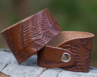 Leather Cuff Bracelet with Fern Leaf Tooled Design in Brown, Gifts Under 30