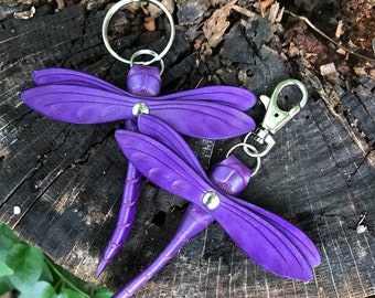 Purple Dragonfly Leather Key Ring, Key Fob, Tooled Leather Dragonfly Key Holder, Purple Dragonfly Keyring, Gifts Under 25