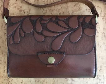 Leather Crossbody Purse with Hand Tooled Abstract Design, Brown Leather Bag with Tooled Design on Flap, Adjustable Strap, antique brass