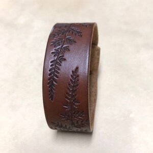 Leather Bracelet with Tooled Fern Design, Brown Leather Bracelet with Weave Tail Closure, Gifts Under 30 image 2