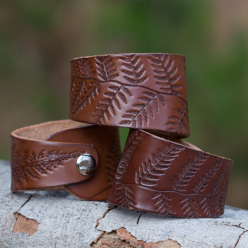 Leather Cuff Bracelet with Fern Leaf Tooled Design in Brown Etsy