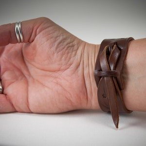 Leather Bracelet with Tooled Fern Design, Brown Leather Bracelet with Weave Tail Closure, Gifts Under 30 image 4